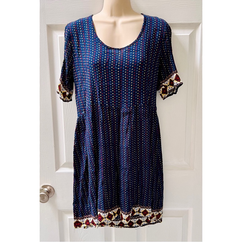 Alya Polka Dot Cold Shoulder Crepe Rayon Swing Dress, Mini Dress, Navy Blue, M